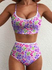 Fato de banho de biquíni de cintura alta com alças finas com estampado floral roxo e renda - Miniatuur