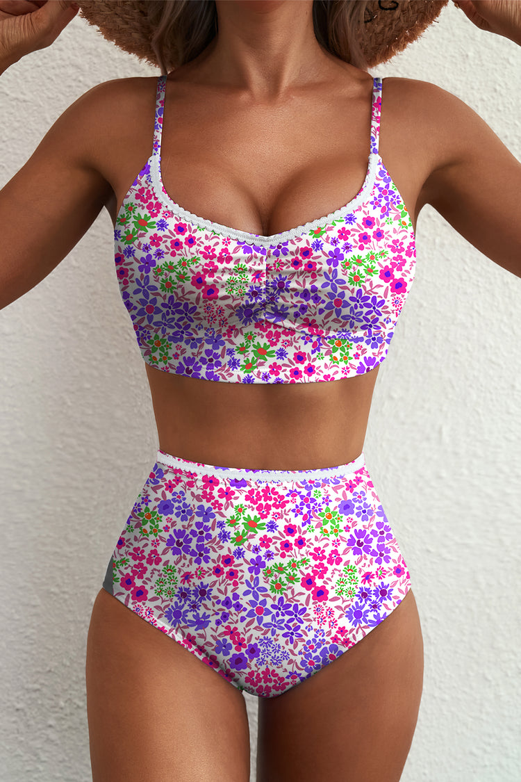 Purple Floral Print Lace Trim Spaghetti Strap Ruched Bikini High Waist Swimsuit - Damesmode