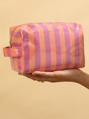 Fiery Red PVC Striped Cosmetic Bag Durable Zipper Handle Travel Organizer - Miniatuur