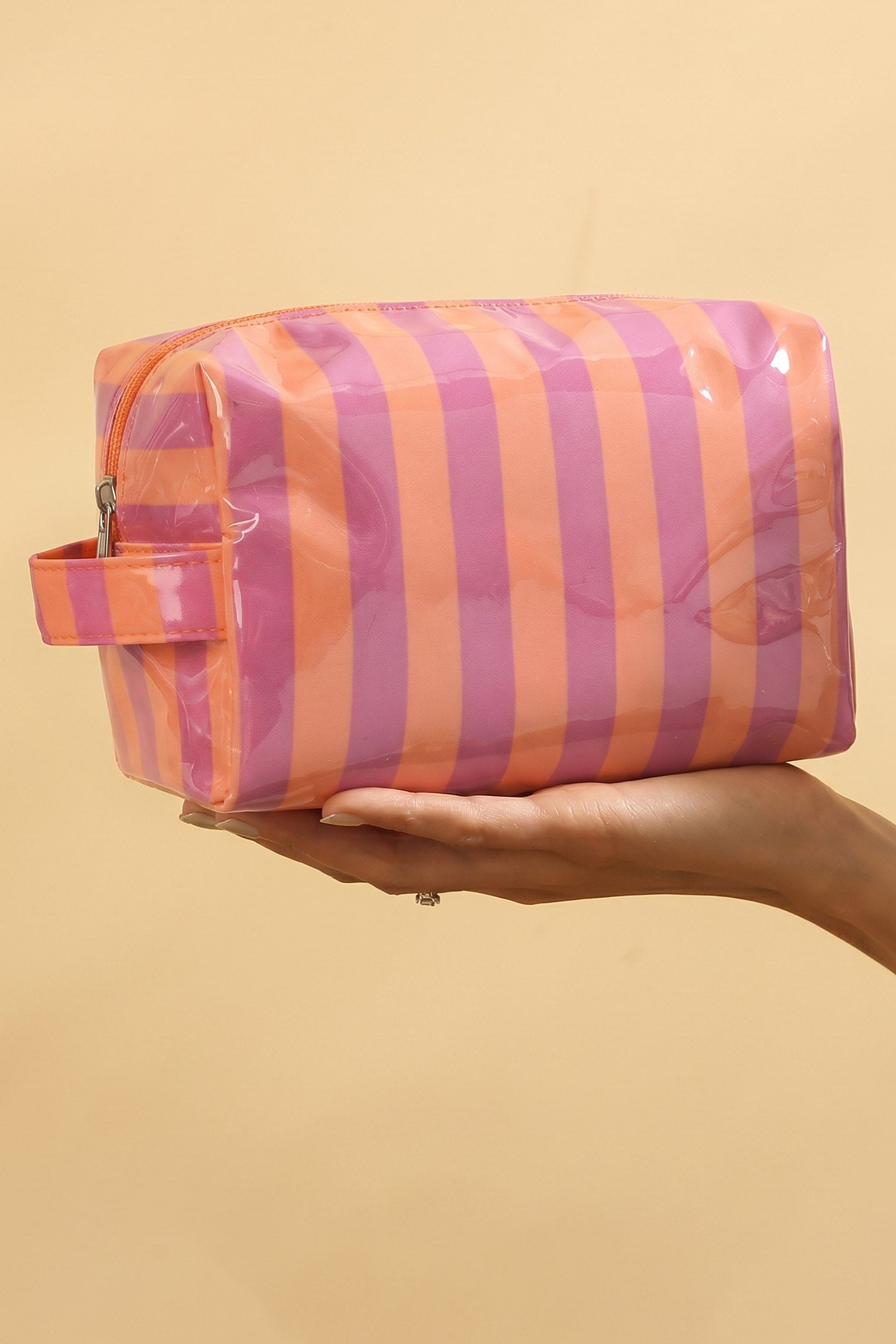 Sac cosmétique en PVC rayé rouge flamboyant Organisateur de voyage durable avec poignée zippée