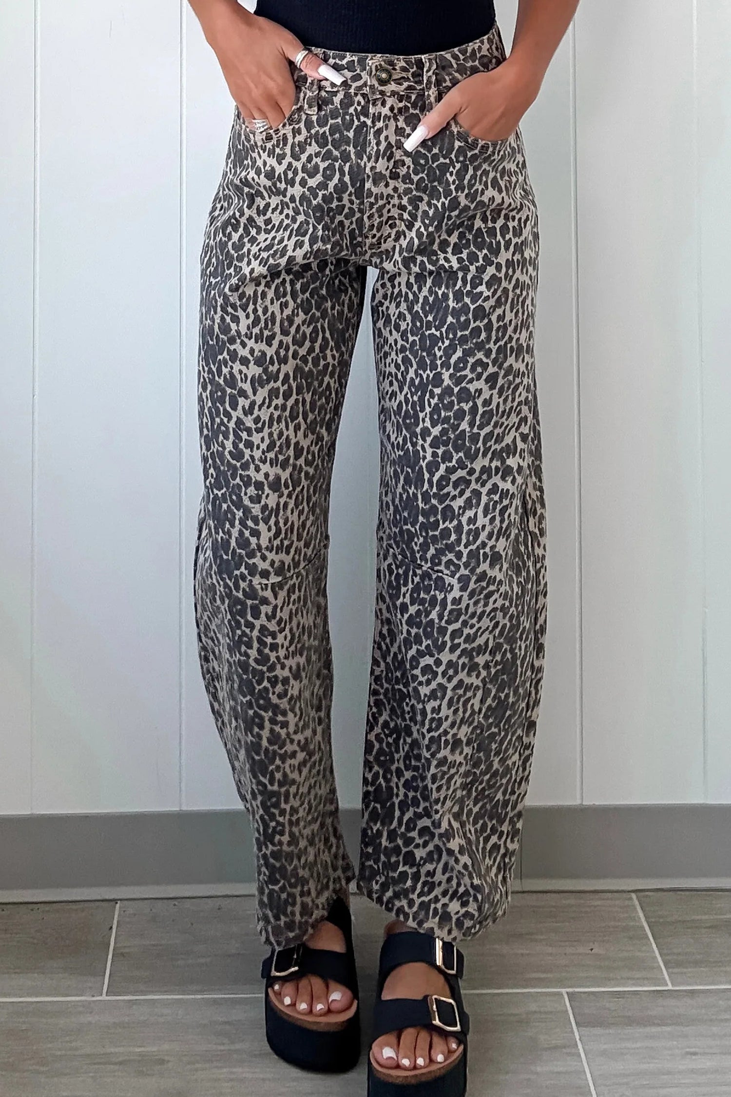 Black Leopard Print High Waist Barrel Jeans - Damesmode Afbeelding 4