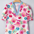 Beige Floral Print Short Puff Sleeve Striped Trim V Neck Blouse - Damesmode Afbeelding 3 - Foto 3