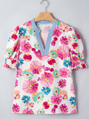 Beige Floral Print Short Puff Sleeve Striped Trim V Neck Blouse - Damesmode Afbeelding 3 - Miniatuur