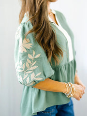 Smoke Green Color Block Patchwork V Neck Embroidered Puff Sleeve Babydoll Blouse - Miniatuur