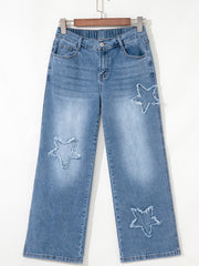 Stone Blue Star Patchwork Cropped Wide Leg High Waist Jeans - Miniatuur