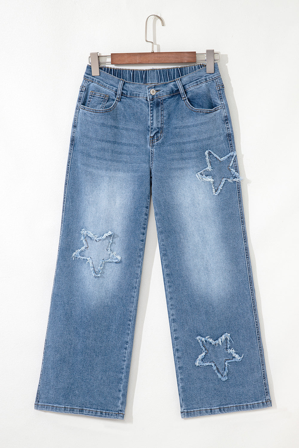Stone Blue Star Patchwork Cropped Wide Legs High Waist Jeans