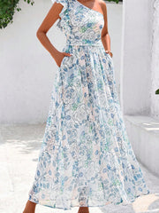 Sky Blue Floral Print Ruffled One Shoulder Vacation Maxi Dress - Miniatuur