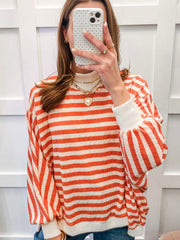 Orangestreifen-gestreiftes, strukturiertes Stand-Neck-Oberteil mit übergroßem Langarmshirt - Miniatuur