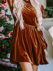 Chestnut Velvet Frilled Neck Gigot Sleeve Swing Dress - Miniatuur