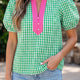 Groen Gingham Plaid Bubble Sleeve Colorblock Trim V-Hals Elegante Blouse