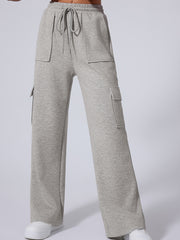 Light Grey Multi Pockets Lace-up High Waist Wide Leg Workout Pants - Miniatuur