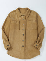 Chemise en velours côtelé beige français clair à boutons à boutons rapiécés - Miniatuur