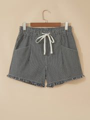 Black Stripe Raw Edge Drawstring Elastic Waist Casual Denim Shorts - Women's Fashion Image 3 - Miniatuur