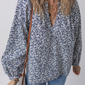 Blue Floral Print Notched V Neck Puff Sleeve Blouse - Damesmode Afbeelding 6 - Foto 6