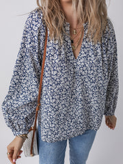 Blue Floral Print Notched V Neck Puff Sleeve Blouse - Damesmode Afbeelding 6 - Miniatuur