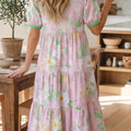 Rosa Blummenprint kuerz Puff-Ärmel héich Taille gestufte Maxi-Kleed - Foto 2