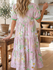 Pink Floral Print Short Puff Sleeve High Waist Tiered Maxi Dress - Miniatuur