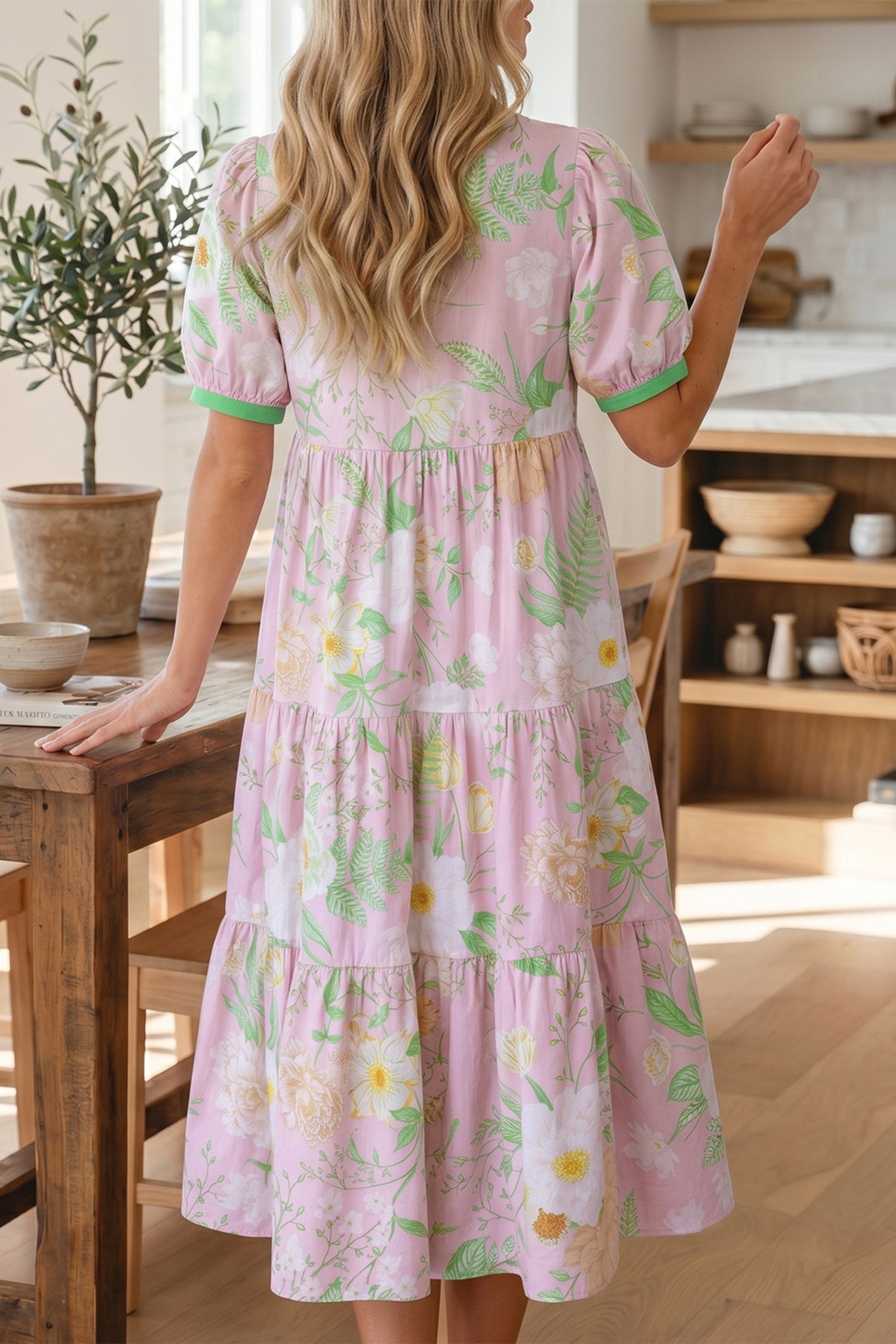 Pink Floral Print Short Puff Sleeve High Waist Tiered Maxi Dress