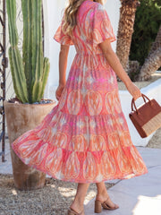 Multicolour Paisley Print V-Neck Short Sleeve Boho Maxi Dress with Ruffle Details - Miniatuur