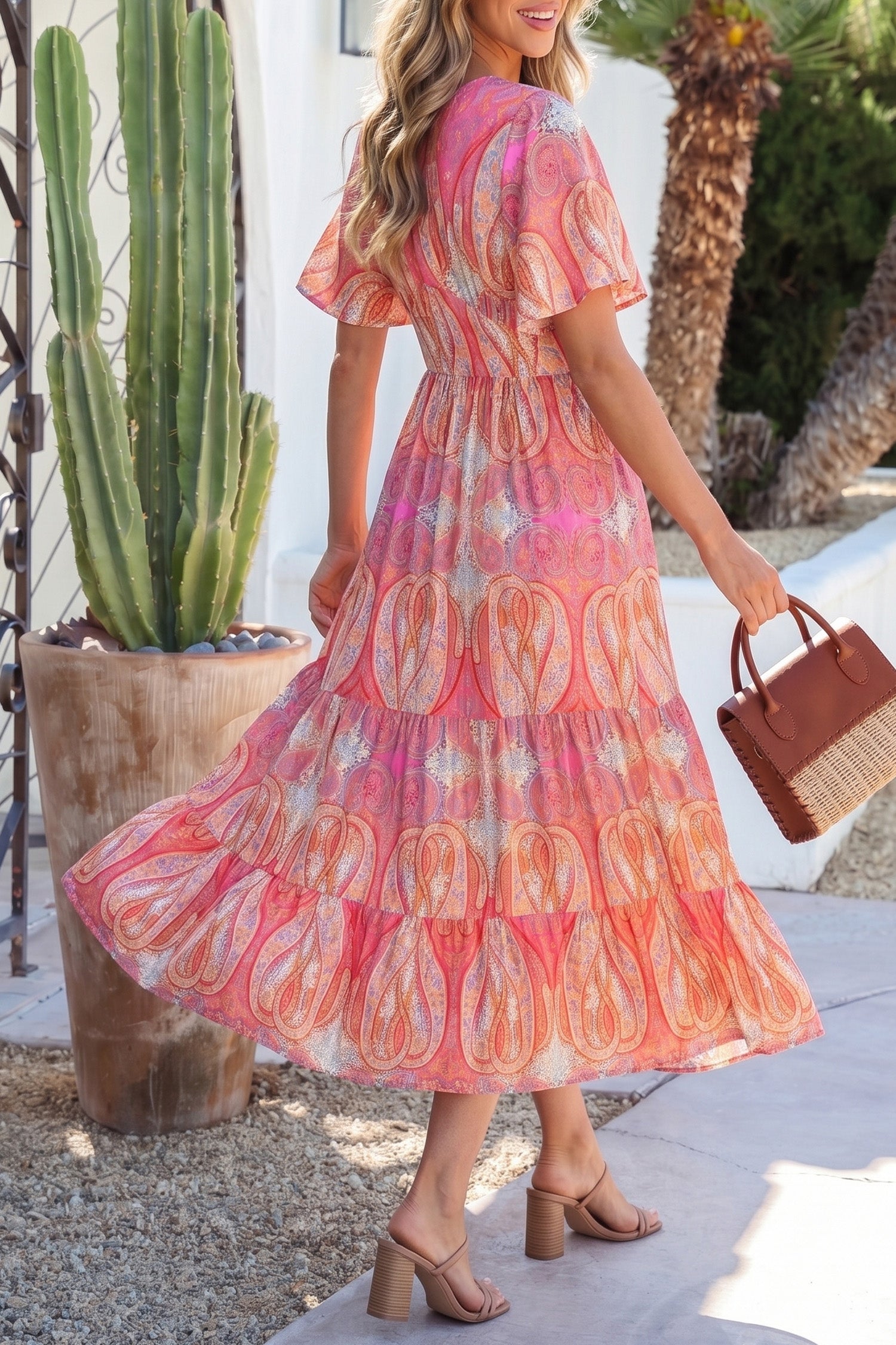 Robe bohème Maxi à manches courtes, imprimé cachemire multicolore, avec des détails à volants