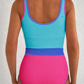 Iceland Blue Textured Color Block Patchwork One Piece Swimsuit - Foto 5