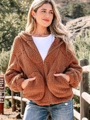 Straw Yellow Zip Up Hooded Sherpa Jacket - Miniatuur