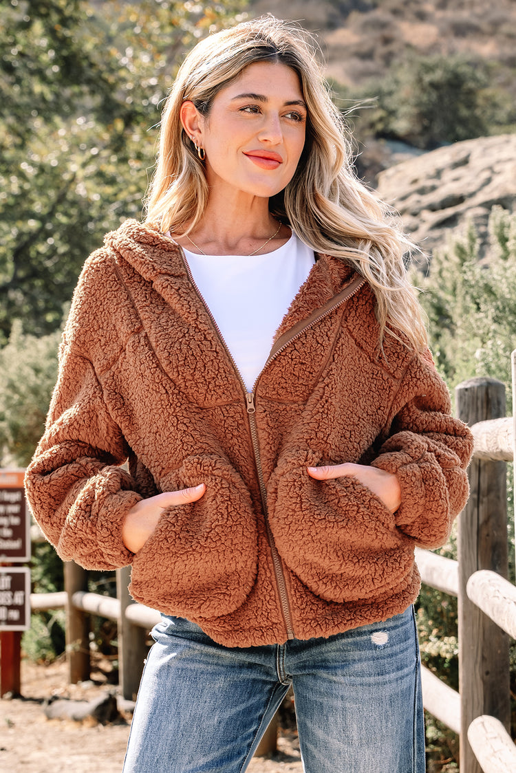 Giacca Sherpa gialla di paglia con cappuccio con cerniera - Damesmode