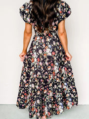 Schwarzes Maxi-Kleid mit Blumenmuster mit V-Ausschnitt und Falten gestuft – Damesmode Afbeelding 2 - Miniatuur