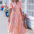Pink Polka Dot Printed Ruffle Short Sleeve Zip Up Long Dress - Foto 6