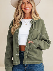 Smoke Green Patched Pocket Collared Button Front Boyfriend Denim Jacket - Miniatuur