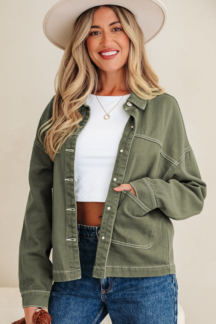 Smoke Green Patched Pocket Collared Button Front Boyfriend Denim Jacket - Damesmode