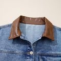 Sky Blue Patchwork Leather Collar Long Sleeve Denim Jacket - Foto 6