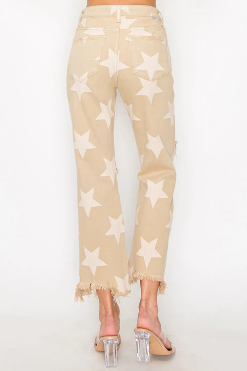 RISEN Full Size High Rise Star Printed Frayed Hem Jeans - Detail