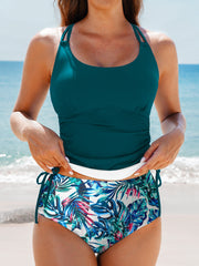 Blue Stripe Drawstring Tummy Control Mix-and-match 2pcs Tankini Swimsuit - Damesmode Afbeelding 4 - Miniatuur