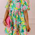 Green Floral Puff Sleeve Collar Buttoned Babydoll Dress - Foto 6