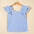 Sky Blue Stripe Square Neck Bow Decor Frilly Ruffled Short Sleeve Blouse - Foto 5