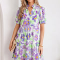 Purple Floral V Collar Short Sleeve Tiered Ruffle Mini Dress - Foto 1