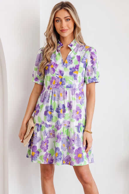 Purple Floral V Collar Short Sleeve Tiered Ruffle Mini Dress
