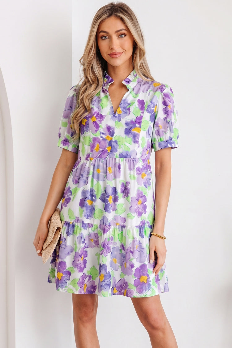 Purple Floral V Collar Short Sleeve Tiered Ruffle Mini Dress - Damesmode