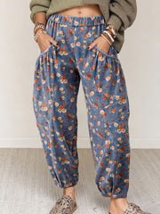 Beau Blue Retro Floral Print Elastic Waist Pocketed Barrel Jeans - Damesmode Afbeelding 5 - Miniatuur