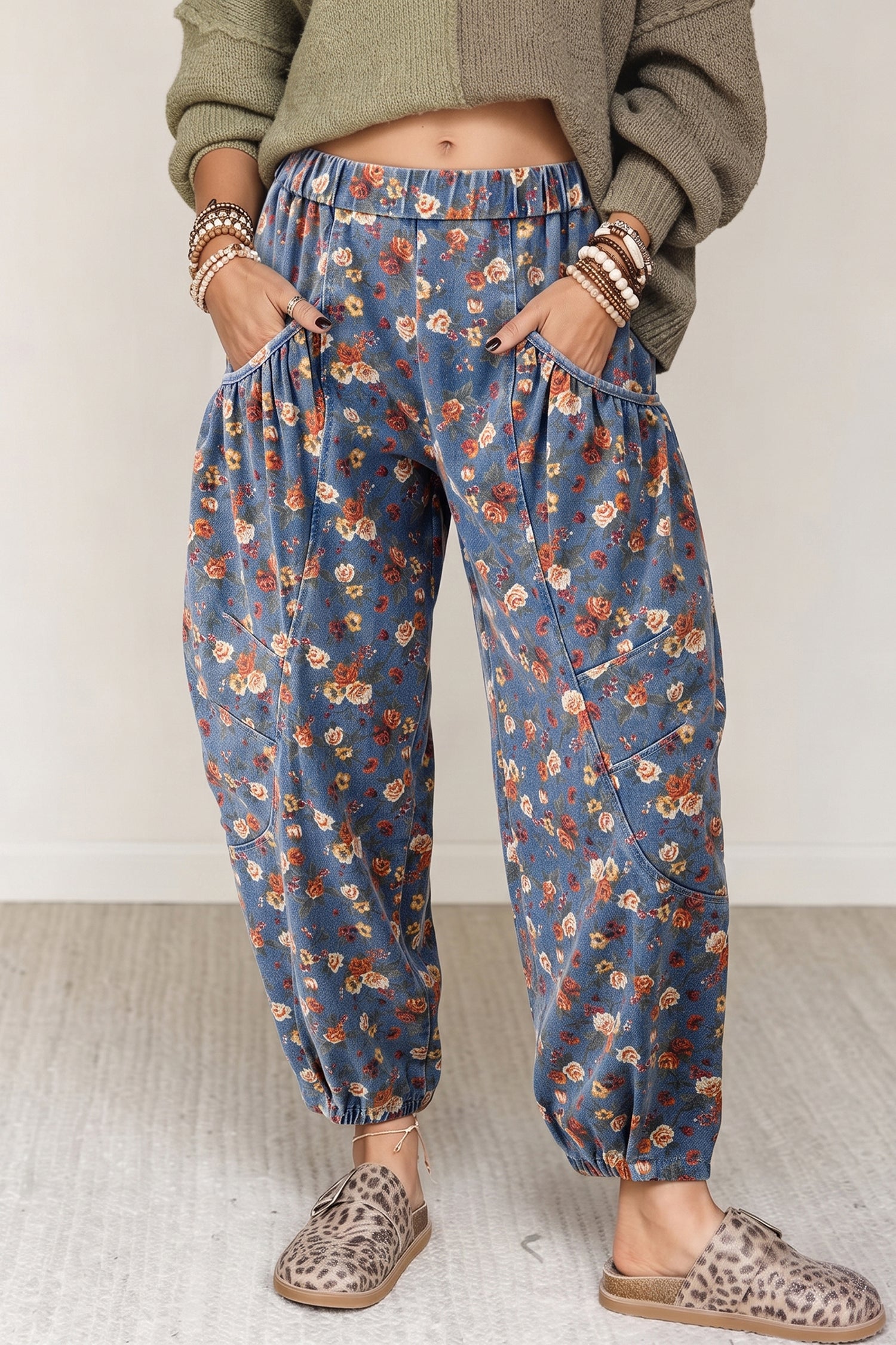 Beau Blue Retro Floral Print Elastic Waist Pocketed Barrel Jeans - Damesmode Afbeelding 5