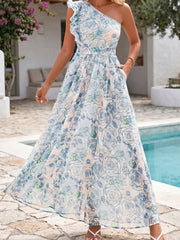 Sky Blue Floral Print Ruffled One Shoulder Vacation Maxi Dress - Miniatuur