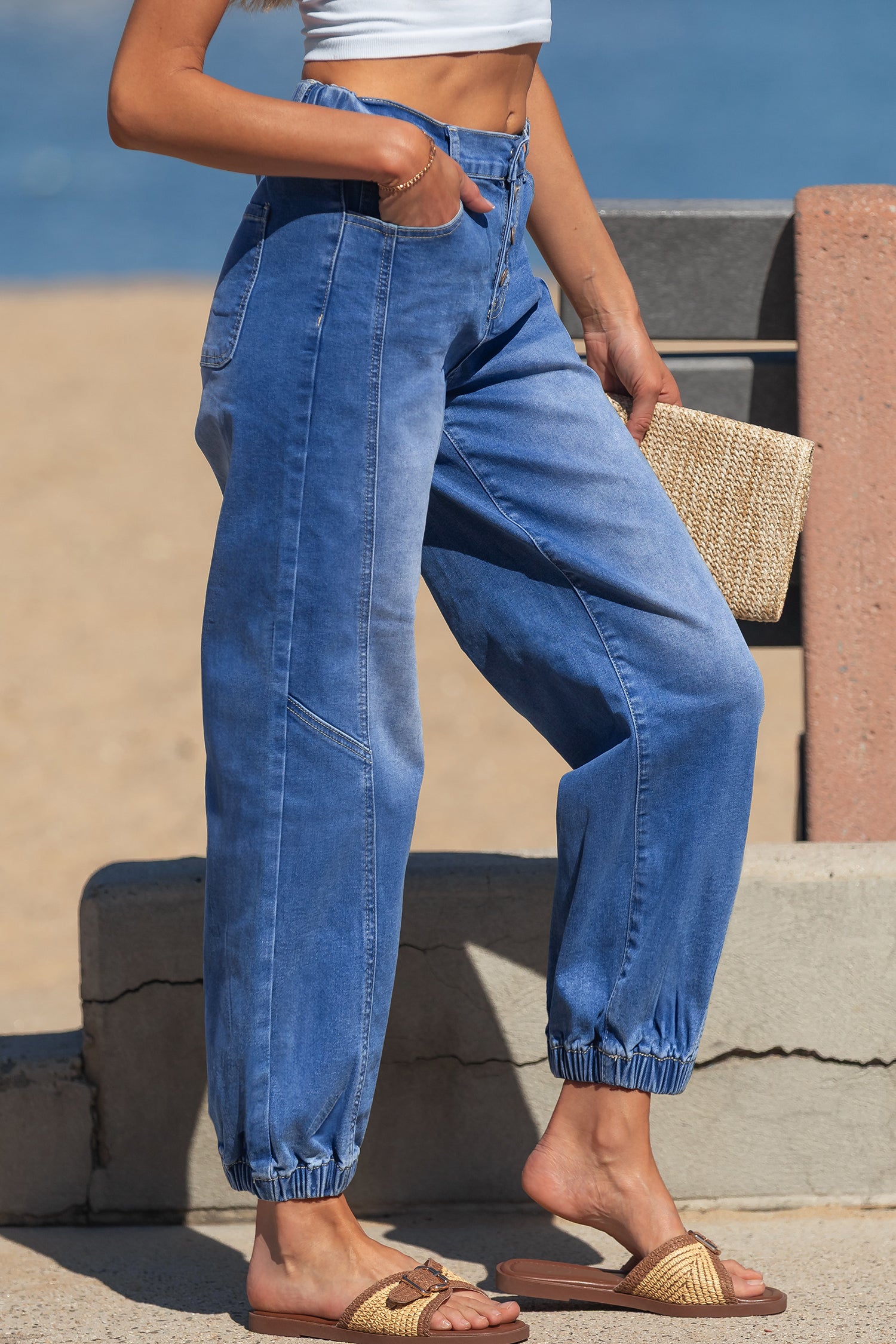Blue 4 Buttons Front Tapered Casual Loose Fit Jeans - Damesmode Afbeelding 3