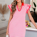 Green Stripe Print Contrast Collar Split Neck Flutter Sleeve Short Dress - Foto 4