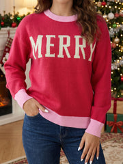 Red Drop Shoulder Round Neck Letter Print Colorblock Sweater - Miniatuur