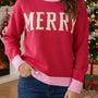 Red Drop Shoulder Round Neck Letter Print Colorblock Sweater