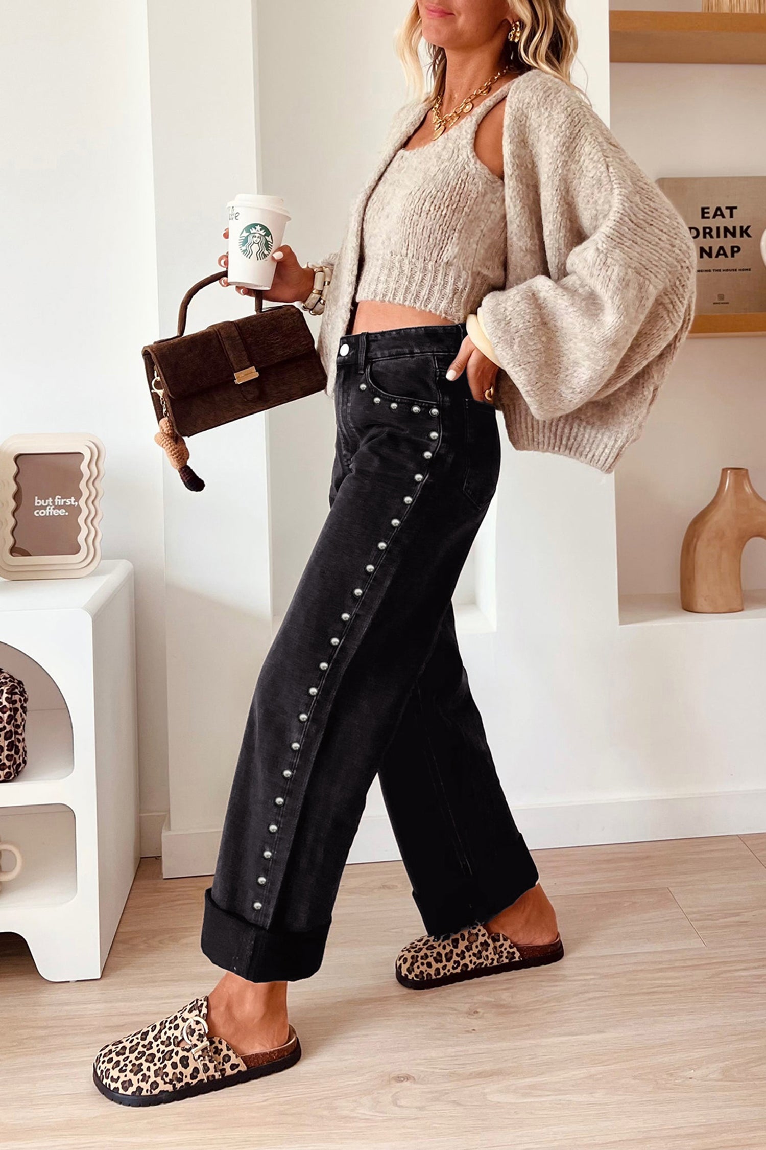 Black Studded Detail Straight Leg Casual Loose Jeans - Women's Fashion Image 3