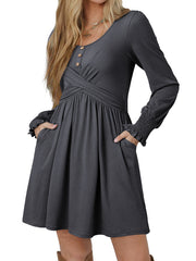 Dark Grey Shirred Cuff Long Sleeve Button Round Neck Mini Dress - Miniatuur