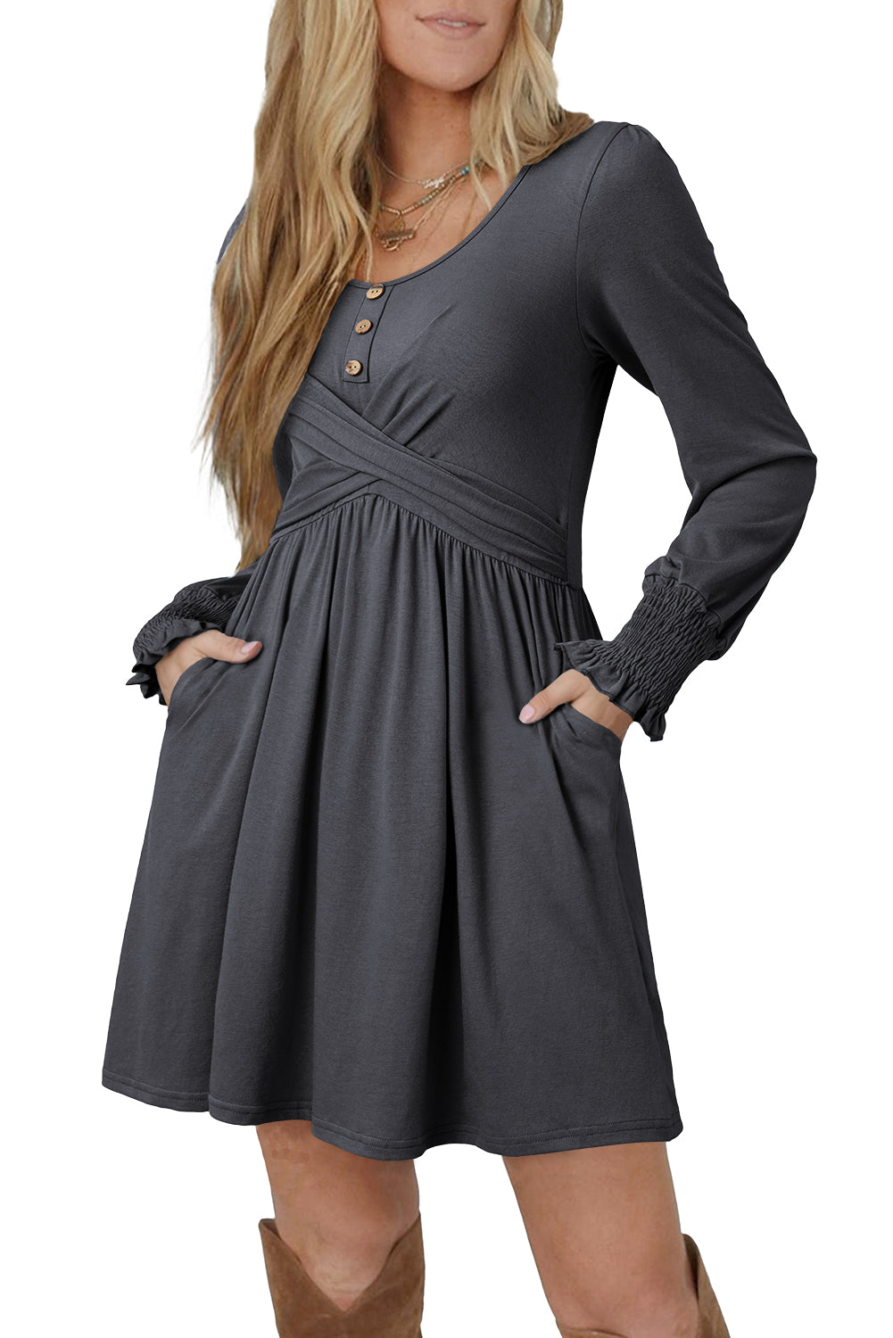 Mini-robe à manches longues à boutons à haut niveau gris foncé