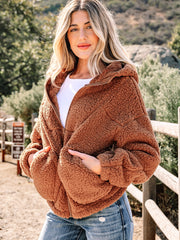 Straw Yellow Zip Up Hooded Sherpa Jacket - Miniatuur